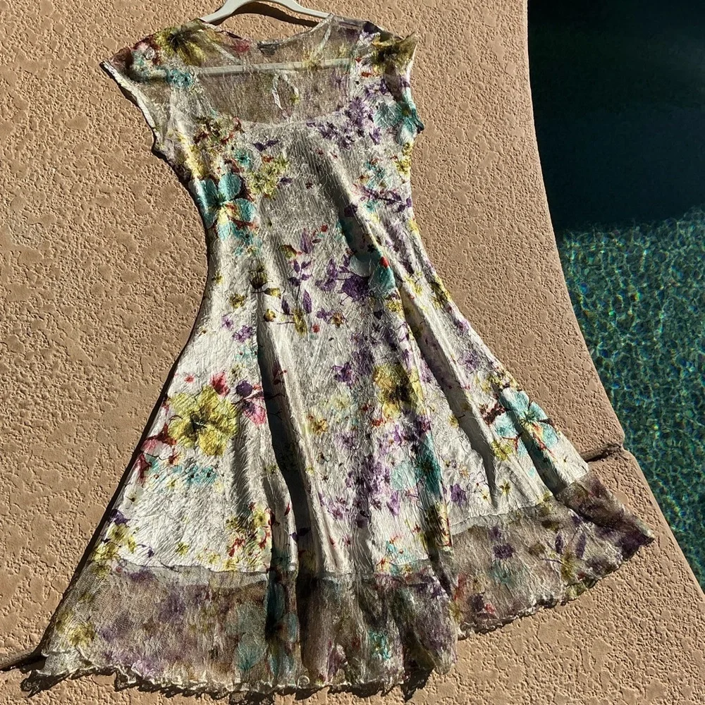 NWOT Komarov Floral Crinkle Lace Satin Midi Dress Large Fit & Flare Keyhole Chic